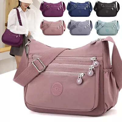 Ladies Shoulder Bag Cross Body Messenger Multi Pocket Nylon Holiday Handbag Tote • £11.59