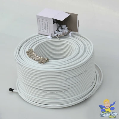 £72.49 • Buy 100m White Twin Shotgun Coax Cable F Plugs & Clips Fits Sky + HD Satellite