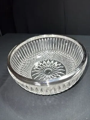 Vintage 8.5  Cut Glass Bowl Silver Plated Rim Sunburst Crystal EUC • $9.98