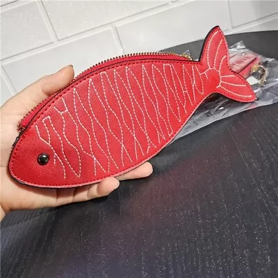 MANGO MNG Red Fish Shaped Embroidered  Coin Pouch NOVELTY Zip Closure Bag Purse • $15