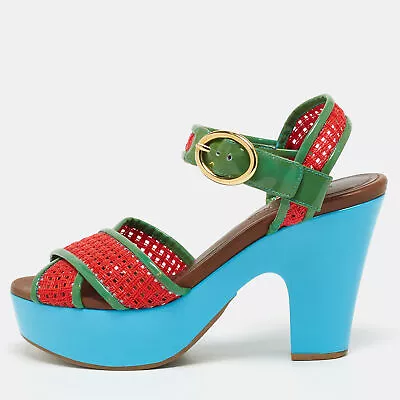 Dolce & Gabbana Green/Red Patent Cross Strap Platform Ankle Strap Sandals • $131.25