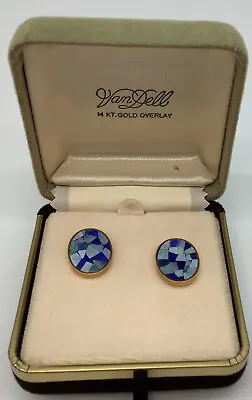 VAN DELL Fiery Blue Opal Earrings Art Deco 14k Gold Filled GF Pierced .75” X .5” • $53.99
