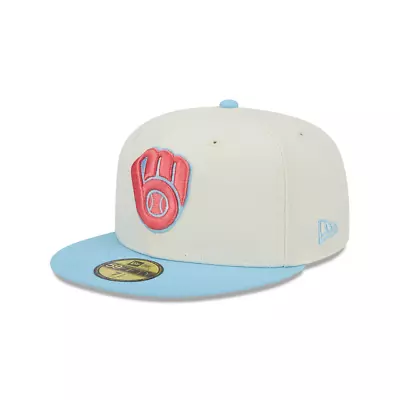 Milwaukee Brewers MLB New Era Color Pack 59FIFTY Fitted Hat~ Cream/Light Blue • $29.99