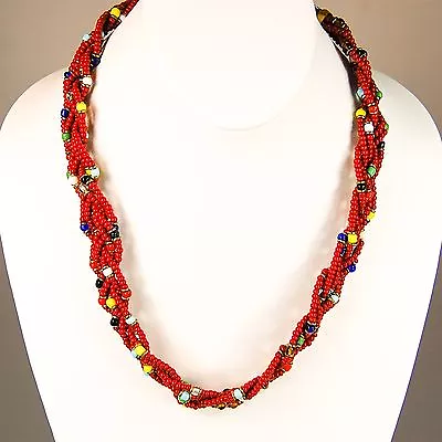 Africa Handmade Jewelry Masai Krobo Tread Bead Multi Color Braid Necklace 618-88 • $27.99