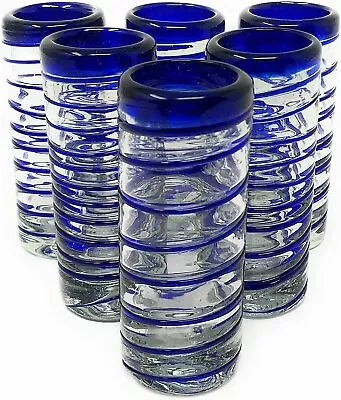 Hand Blown Mexican Tequila Shot Glasses – Set Of 6 Blue Spiral Tequila Shot... • $36.99