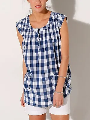Top T-Shirt Sleeveless Gingham BLUE Check Pocket Top Pure Cotton By Blancheporte • £9.99
