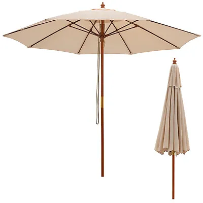 9.5 FT Wooden Patio Umbrella W/ Wood-Grain Pole & Bright-Color Canopy Beige • $74.99