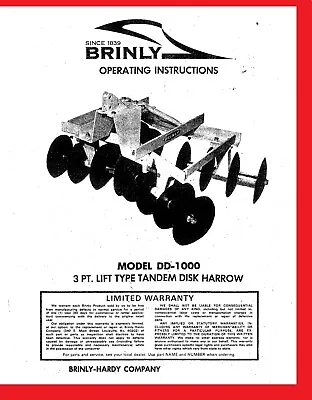 Owner's Manual For Brinly DD-1000 3pt Double Gang Disk Harrow Disc Lawn Tractor • $15.50