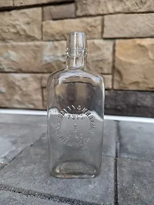 Vintage Embossed Glass Flask Ritterman & Kraemer Full 1/2 Pint Whiskey Bottle  • $13