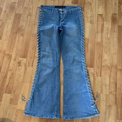 RARE Vintage Y2K Mudd Low Rise Hip Hugger Lace Up Flare Leg Denim Jeans Size 11 • $85