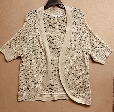 Liz Claiborne Open Front Cardigan Sweater Size 1X Acrylic Knit Begie ShortSleeve • $15