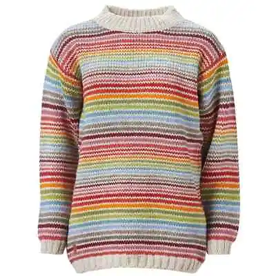 £80 • Buy Pachamama Hoxton Jumper 100% Wool Fairtrade Hand Knitted Nepal Rainbow Stripe L