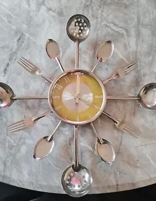 Yellow Metal Kitchen Cutlery Wall Clock With Fork Spoon 3D Non Ticking4988 • £2.04