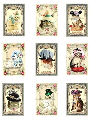 $13.50 • Buy Vintage Cats In  Hats Cotton Fabric Crazy Quilt Blocks (9) @ 2X3  Each