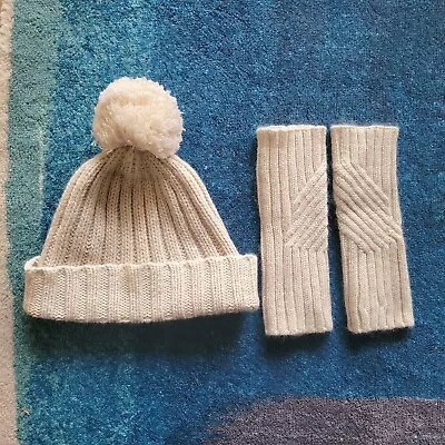 UGG Ivory Cream Metallic Shimmer Cable Knit Arm Warmers & Pom Pom Beanie Set • $50