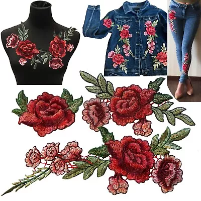 Rose Sew On Patches Combine Size Red Flower Blossom Embroidery With Leaves Patch • $5.95