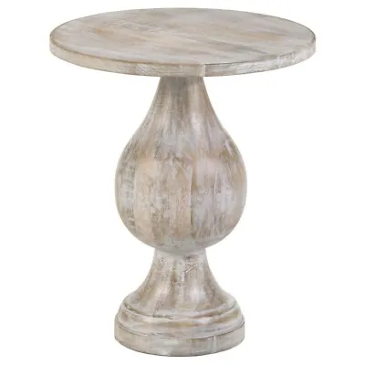 Striking White Washed Mango Round Pedestal Wood End Accent Table • $339