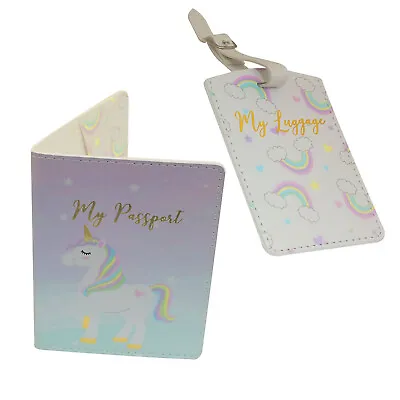Girls Unicorn Magic Passport Holder & Luggage Tag Rainbow Unicorn Faux Leather • £5.11