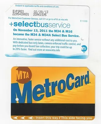 2012  +select Bus Service  M34 & M34A   METROCARD Metro Card EXPIRED 2013 • $3.50