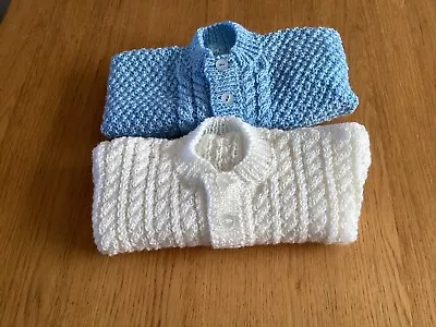 2 X Hand Knitted Babies Cardigans In Blue And White 0-6 Months • £7.50