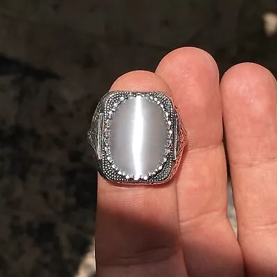 Men's Ring Gray Moonstone Cat's Eye Unique Handmade Jewelry 925 Sterling Silver • $115