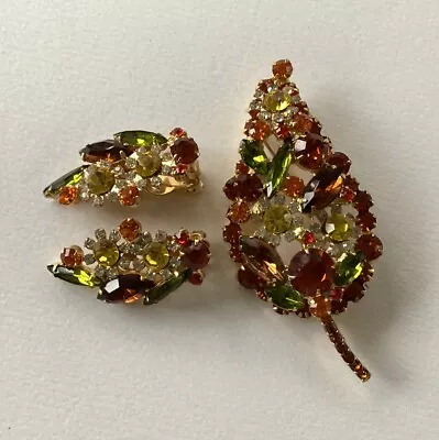 Verified D&E Delizza Elster JULIANA Rhinestone Jewelry Set Leaf Brooch Earrings • $5.50