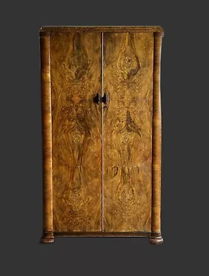 1940s Small Art Deco Carved Walnut Double Door Armoire / Wardrobe Shelves  Rail • £390