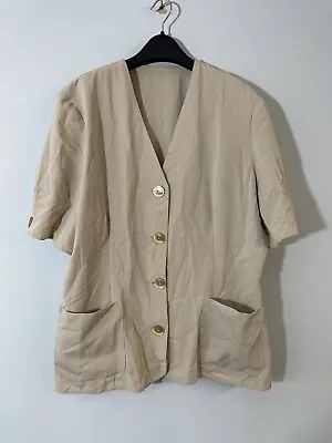 Women's Vintage Beige Collarless V-neck Blazer Short Sleeve Size UK22 EU48 • £6.99