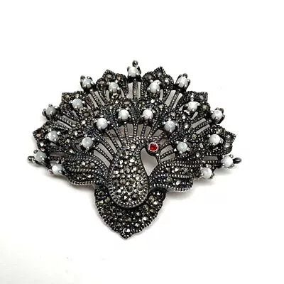 Sterling Silver Peacock Pin/Pendant With Mother Of Pearl Garnet & Marcasite • $19.99