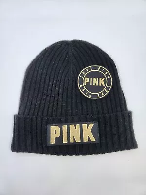 PINK Victoria's Secret Beanie Hat Cap Black Gold Spell Out Cuff Pre-owned • $11.39