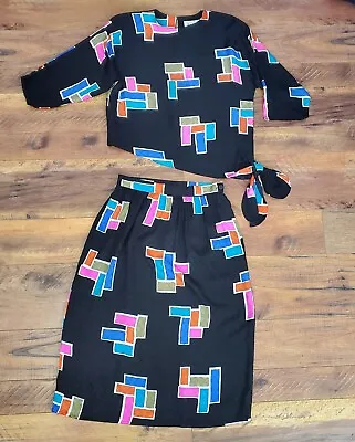 Vintage Argenti 100% Silk 2 Pc Color Block Skirt Suit Size 10  • $26