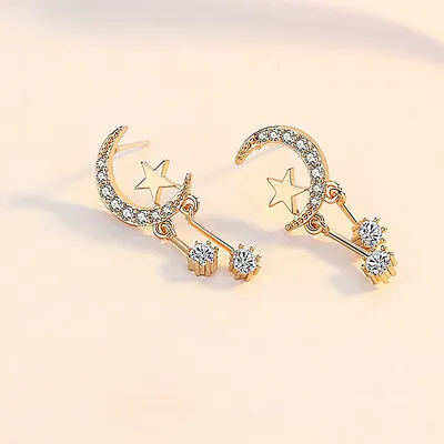 18k Yellow Gold Plated Women Drop Earrings Cute Cubic Zirconia Moon&Star Jewelry • $2.23