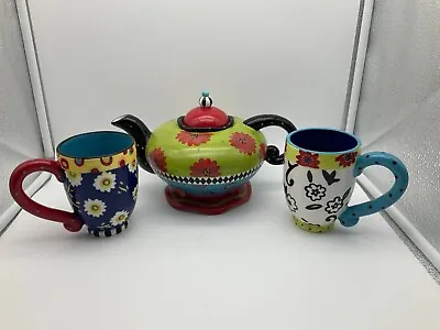 Joyce Shelton Teaparty Teapot W/2 Mugs Whimsical Design Multi Color Flowers-Dots • $24.98