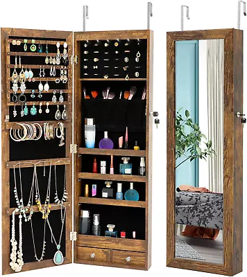 6 LED Mirror Jewelry Cabinet Full Length Lockable Wall/Door Mounted Jewelry Armo • $100