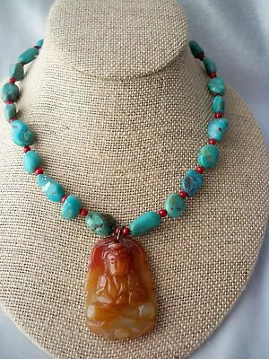 Vintage Carved Carnelian Buddha Pendant Turquoise Nugget Red Bead Necklace • $41.85