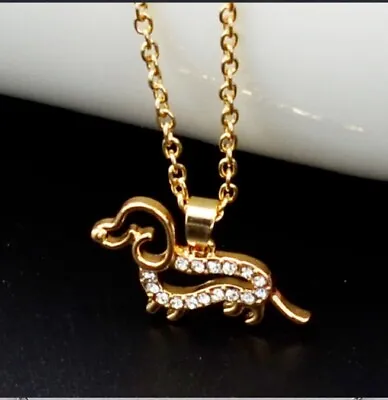 0.30 Ct Dachshund Sausage Dog Gold Plated Moissanite Necklace & Chain Puppy • $136.79