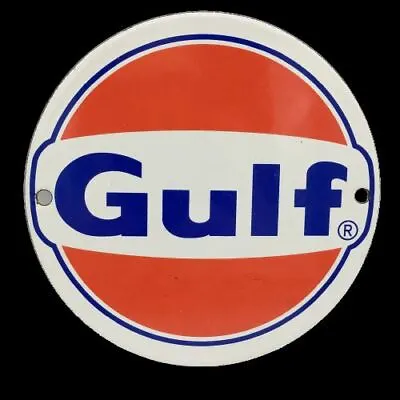 Vintage Sign Gulf Gasoline White Blue Porcelain Metal Enamel Gas Station Deco 6  • $132