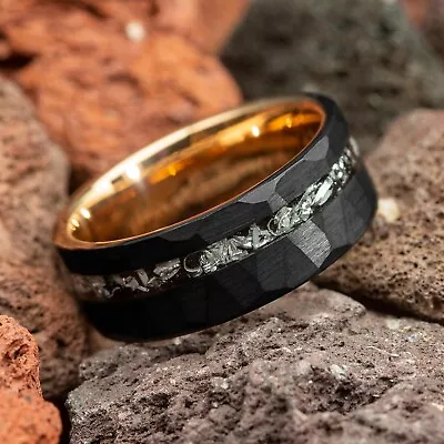 Meteorite Hammered Black & Rose Gold Tungsten Mens Wedding Ring 8mm Comfort Fit • $119.98