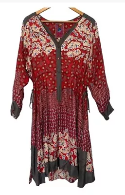 Johnny Was Size M Brown Red 100% Silk Floral Boho Long Sleeve Dress New. • $90