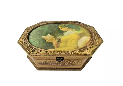 VTG Jewelry Music Box Gold Wood Fabric Lid Girl Reading Plays Somewhere My Love • $29.75