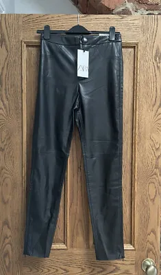 ZARA Faux Leather LEGGINGS Black Size S Bnwt Ankle Zip • £22.99