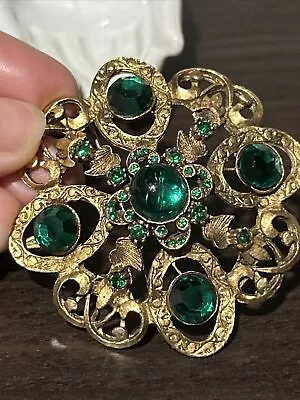 Vintage Deco Domed Green Glass Cabochon Gold Gilt/Brass Pin Brooch Pendant • $12