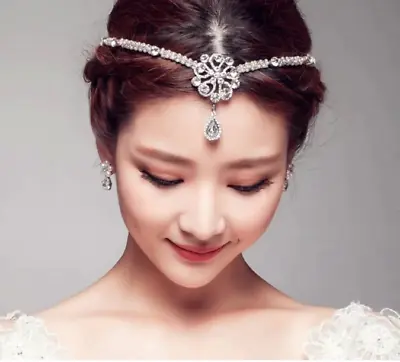 Bridal Wedding Tiara Headpiece Elven Rhinestone Pearl Crystal Forehead Headband • $33.48