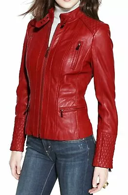 Women's Red Real Leather Jacket Slim Fit Stylish Biker Motorcycle Coat Jacket • $239.82
