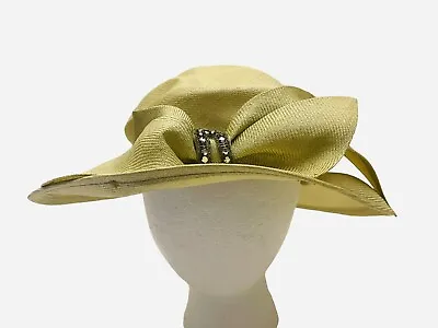 OSCAR DE LA RENTA MILLINERY Vintage Avocado Green Straw Hat Bow Rhinestones • $41.30