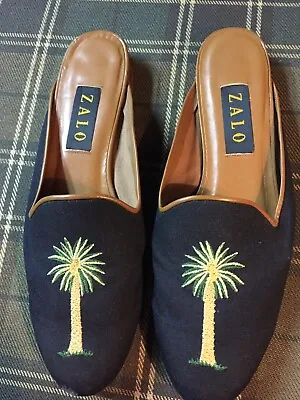 $25 • Buy Zalo Smoking Flats Size 9.5M Embroidered Palm Trees Canvas Leather Trim Shoes