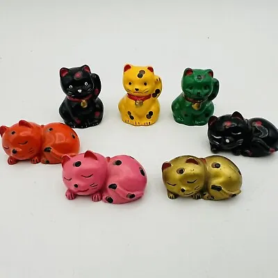 Set Of 7 Maneki Neko Lucky Cats Japan Black Green Pink Yellow Gold • $17.99