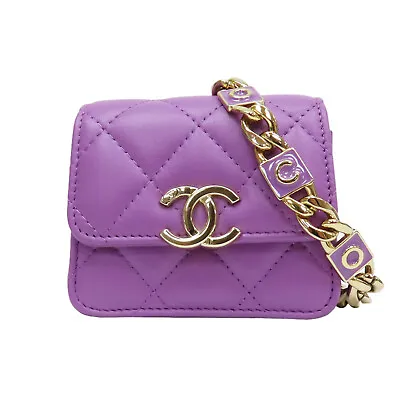 CHANEL Matelasse Coco Mark Card Case Shoulder Bag Lambskin Purple • $2034.36