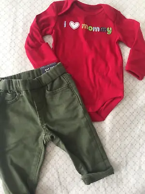 0 3 M Baby GAP Gymboree 2pc MOMMY Bodysuit Olive Pants Boy • $8.99