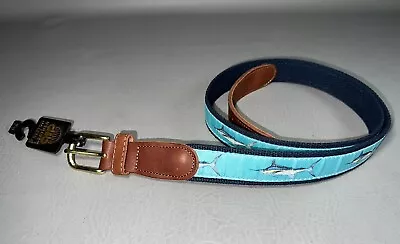 PRESTON Belt Men's Size 42 Leather & Navy Canvas Marlin Fish Brass Buckle - New • $24.99